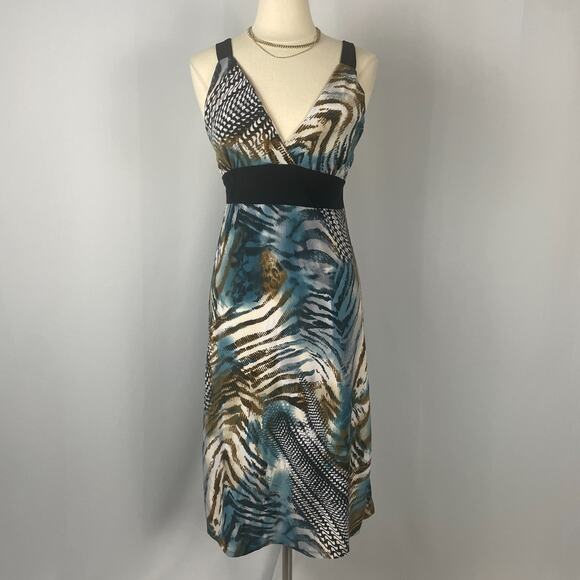 Y2K Midi Dress Size Medium Blue Brown Animal Print Sleeveless Babydoll Stretch - Picture 2 of 15